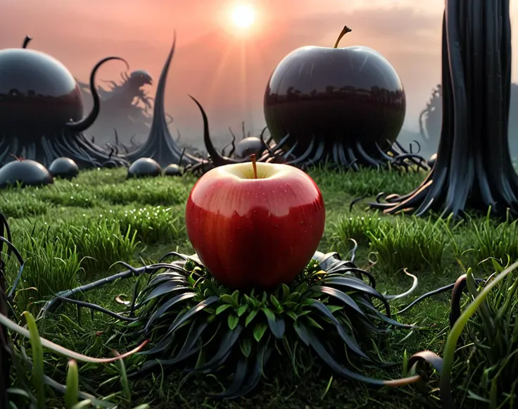 apple apple apple. imagine a surreal (macro world:1.1) where (a colossal, half-eaten apple dominates the foreground:1.2), its gl...