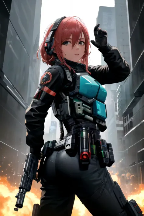 a woman in a black suit holding a gun and pointing at something