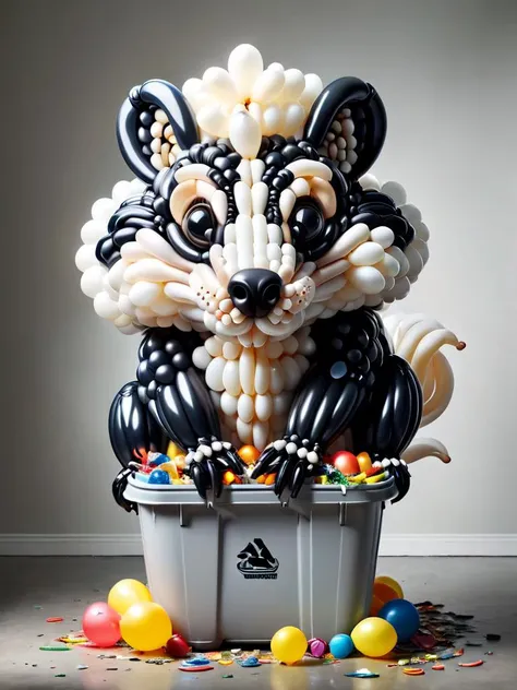 baloonz, skunk made out of baloons, going through trash, in a garbage bin <lora:baloonz:0.9>