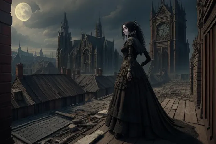 (((masterpiece))), (((best quality))), ((ultra-detailed)), 
a woman walking on a rooftop
(character focus), extreme detailed,colorful,highest detailed
by  style-gothic-horror