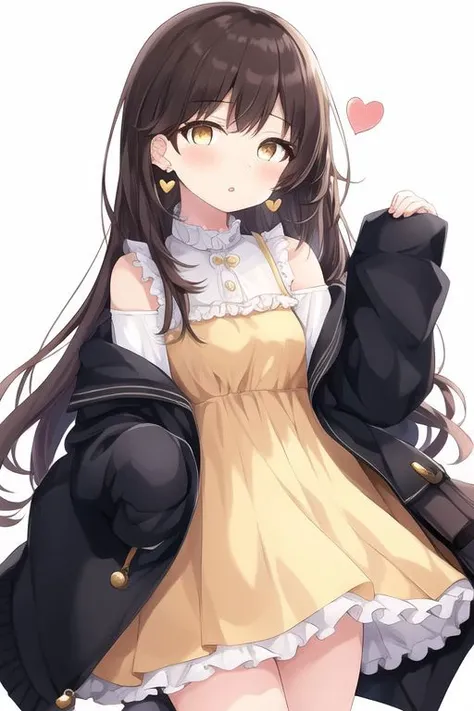 1girl, brown eyes, brown hair, long hair ,
aqua bag, dress, earrings, frilled shirt, frills, heart earrings, jewelry, long sleeves, pleated dress, shirt, short dress, shoulder bag, sleeves past wrists, white shirt, yellow dress ,
blush, hand up, looking at...