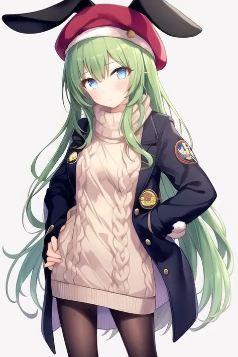 1girl, animal ears, blue eyes, green hair, long hair, rabbit ears, sidelocks, very long hair ,
aran sweater, badge, beret, brown sweater, button badge, cable knit, hat, jacket, long sleeves, open clothes, open jacket, puffy long sleeves, puffy sleeves, red...