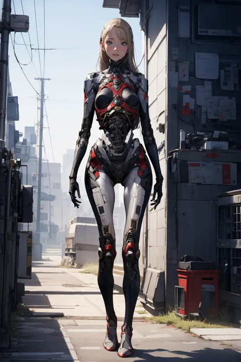 a woman in a futuristic suit walking down a street