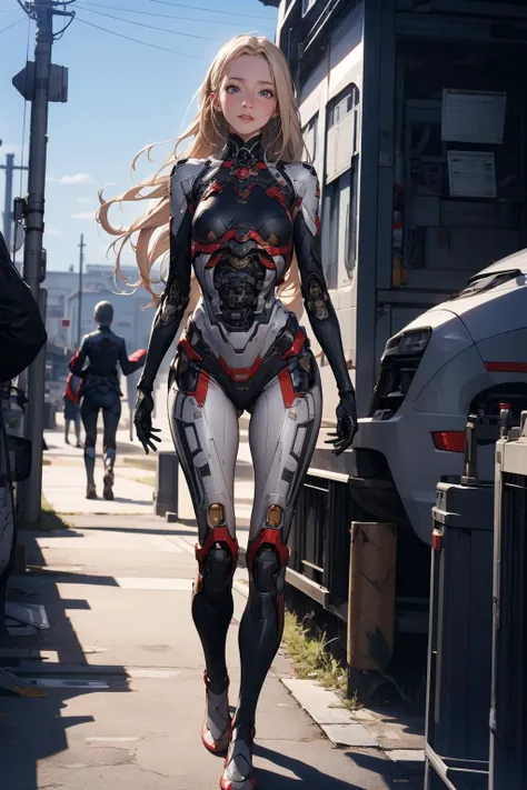 a woman in a futuristic suit walking down a street