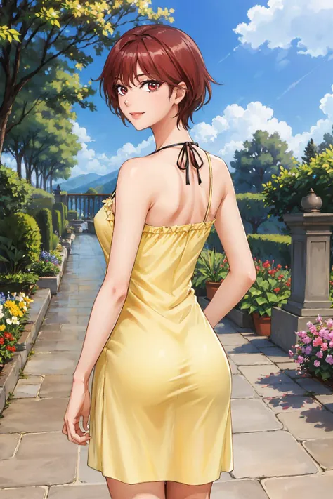 anime girl in yellow dress standing on a path with flowers