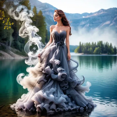 a woman in a dress standing in the water with smoke coming out of her