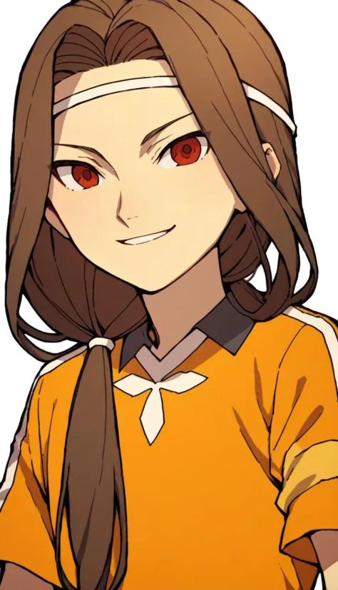 a cartoon girl with long hair and red eyes wearing a yellow shirt