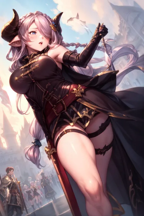 Unbutton, (ver2costume:1.4), 1girl, narmaya (granblue fantasy), draph,  <lyco:NarmayaLoCon:1.0>, <lora:add_detail:0.6>,  sword training , ((Establishing Shot, Over-The-Shoulder Shot, Split Diopter, dutch Angle Shot, Dutch Angle)), crowd, multiple girls,  m...