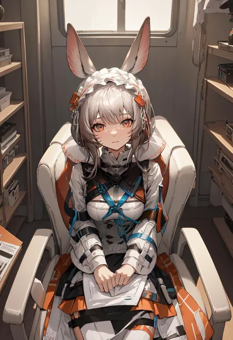 (safe:1.10), best quality, masterpiece, highres, solo, (warmy_arknights:1.10), sitting, sitting on chair, chair, cowboy shot, looking at viewer, 20 <lora:warmy_arknights:0.80>