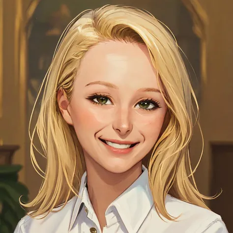 (masterpiece:1.2), portrait of a woman, white collared shirt, smile, blonde hair, <lora:marionv1:0.8>