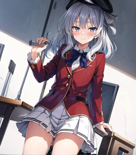 anime girl in uniform holding a knife and a knife in her hand