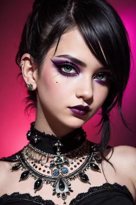 (masterpiece, best quality, high resolution:1.2), th1ckan1m3, CS-CYBR, detailed face, detailed eyes, detailed skin, extremely detailed, intricate details, waist up, photograph of a young goth woman with a nose piercing and heavy makeup, (red eyes:1.2), bla...