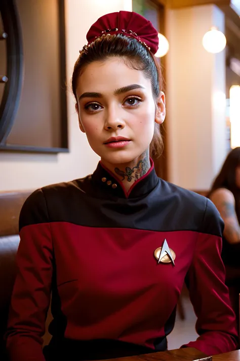 arafed woman in a red uniform sitting at a table