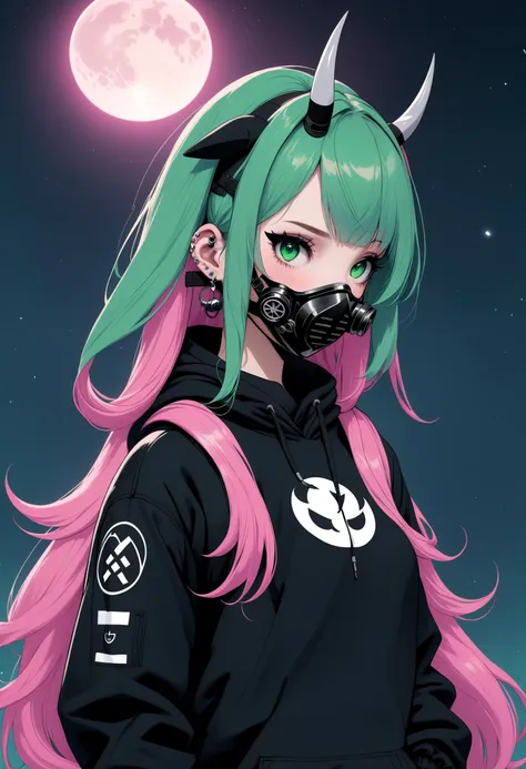 a girl with pink hair and green hair wearing a mask