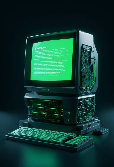 a close up of a computer with a green screen and keyboard