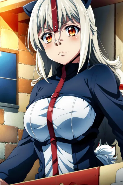 anime girl with white hair and red tie holding a red box