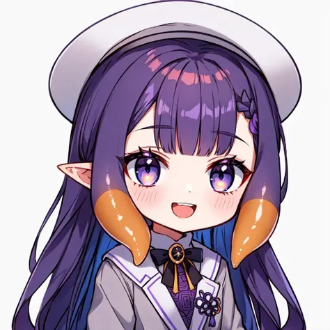 masterpiece, 1girl, best quality, ninomae inanis, long hair, dark purple hair, pointy ears, tentacle hair, chibi, minigirl, multicolored hair, colored inner hair, :d, gray jacket, gray headwear, upper body, simple background,