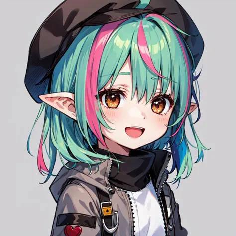 masterpiece, 1girl, solo, best quality, chibi, minigirl, short hair, green hair, multicolored hair, streaked hair, colored inner hair, :d, brown eyes, pointy ears, gray jacket, gray headwear, upper body, simple background,