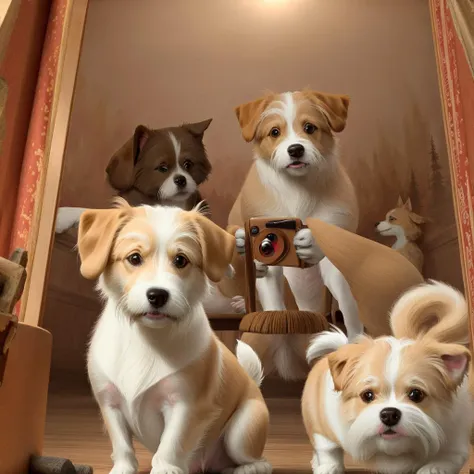 there are four dogs that are standing in a room together