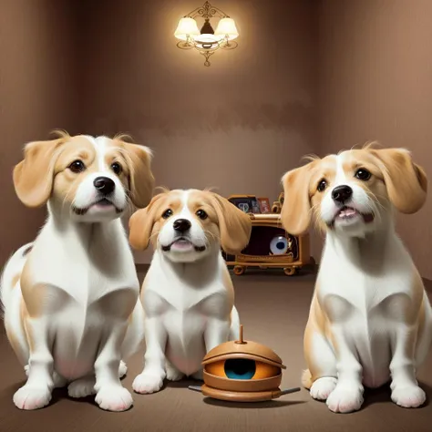 three dogs sitting next to each other with a toy on the floor