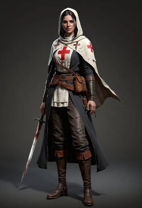 historical 3d concept art of a nun nurse of war, templar outfits, ponytail hair, (full body:1.4),( blue eyes:1.12), skinny, thin legs, large hip, thigh gap, intricate belts, (wearing flasks, potion, cloak, accessories,:1.3), glowing eyes, intricate runic p...