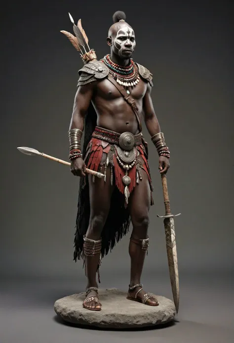 fully covered african masai warrior in a fur and bone and spear, 1man standing,(full body:1.5), hero pose,exaggerated proportions, intricate character design, sense of nostalgia, exaggerated features, memorable look, consistent, coherent, captivating, (cle...