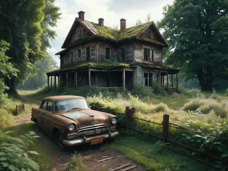 Hyperrealistic art cinematic photo an abandoned house reclaimed by nature, with rusted fence, and a car, frozen in time. bokeh, 35mm photograph, film, bokeh, professional, 4k, highly detailed, extremely high-resolution details, photographic, realism pushed...