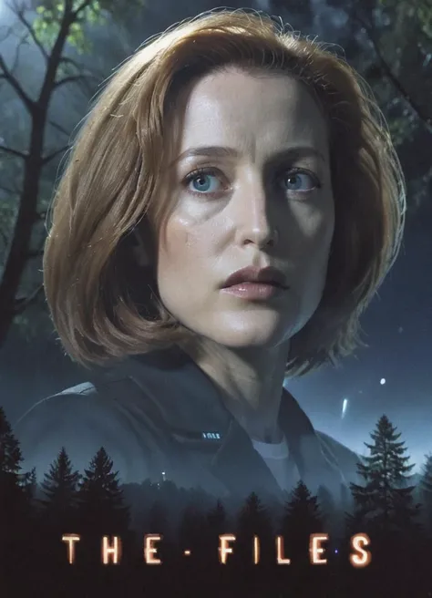 cinematic movie poster starring agentscully, realistic portrait of a woman, science fiction theme, night, dark sky, dramatic light, light effects, outside, trees in the background, ufo in the sky, movie title text "The X-Files" in bold letters,
 <lora:Dana...