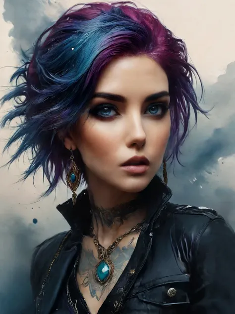 cinematic film still, high quality photo, 4k, 

Delicate fine details. View of intense eyes. Close up on face, inkpunk, a striking portrait of a captivating woman, extraordinary purple hair,

<lora:Inkpunk_SDXL:0.8>,
