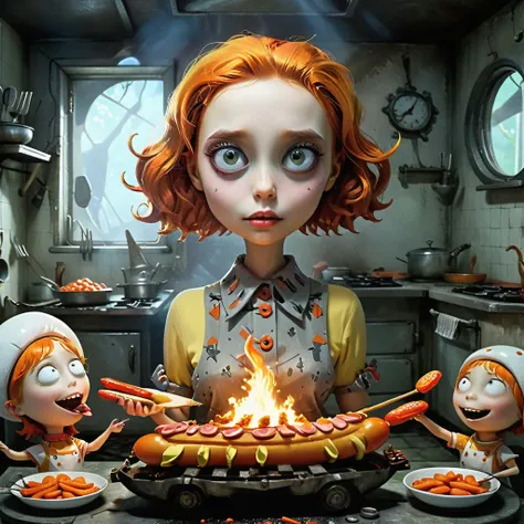 In a (Tim Burton style:2.9) soviet poster, Odd Girl with poofy orange hair cooks hot dogs on a (miniature) burning vtnktnk tank in a magical kitchen, blending anime enchantment with the eccentric wonders of a Burton-inspired spectacle, enchanted helpers ma...