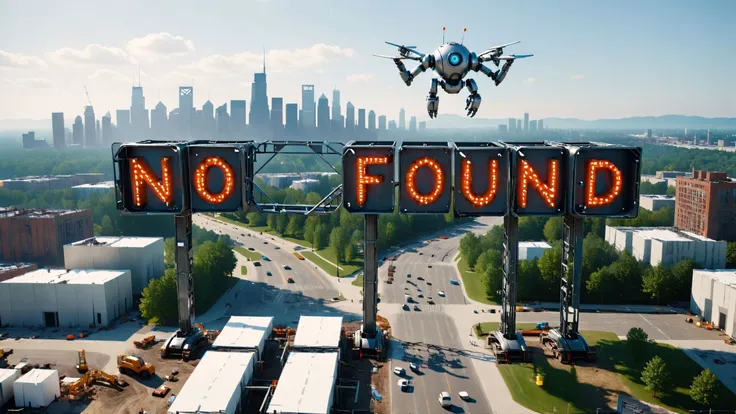 3d rendering of a sign spelling "not found", being constructed by flying robots, (404 sign:1.2), metal construction frame, (sign only partially finished), (city made out of digital code text)