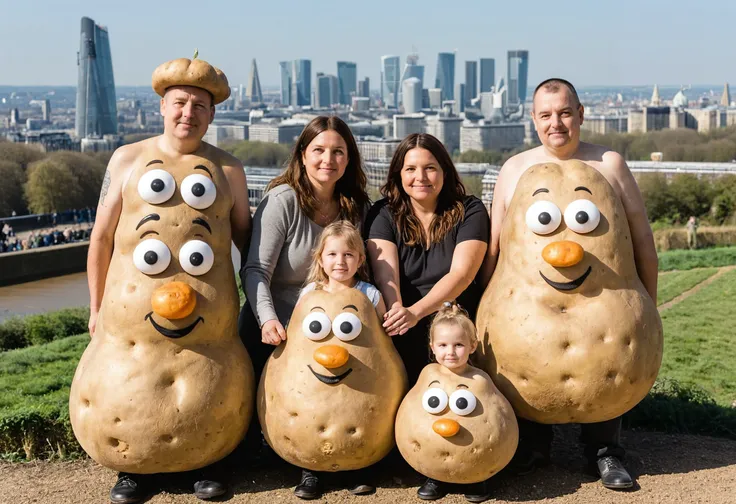 potato family photo with dad mom and kids, cartoon potato tourists, Tower bride London in the background