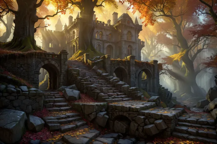 cinematic view, abandoned  vampire villa in a forest, cobblestone bridge, sheeps, autumnal colorful, highly detailed, high resolution, ray tracing reflections, dramatic lighting, 8k, detailed acrylic, intricate complexity, soft natural volumetric cinematic...