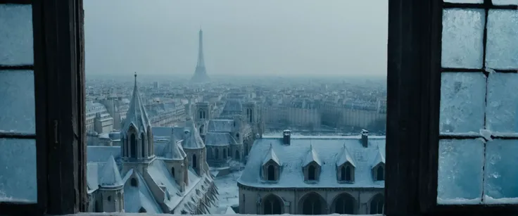 cinematic view from the rooftops, doors entry of Notre-Dame of Paris, rosace, iced walls, iced landscape of a (frozen post apocalyptic Paris:1.4),, shallow depth of field, vignette, highly detailed, high budget, bokeh, cinemascope, moody, epic, gorgeous, g...