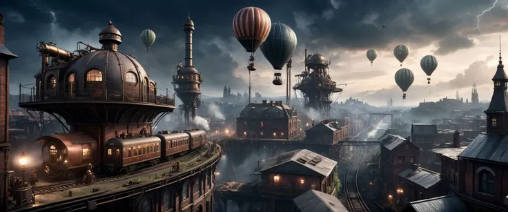 cinematic ground view of eschatological landscape of a victorian steampunk city, harmonious, (bridges:0.4), (waterfalls:1.1), sci fi, (ultra realistic:1.2), (cables, antennas, parabolic receptors on rooftops, conditionning air systems:1.3), time tower, int...