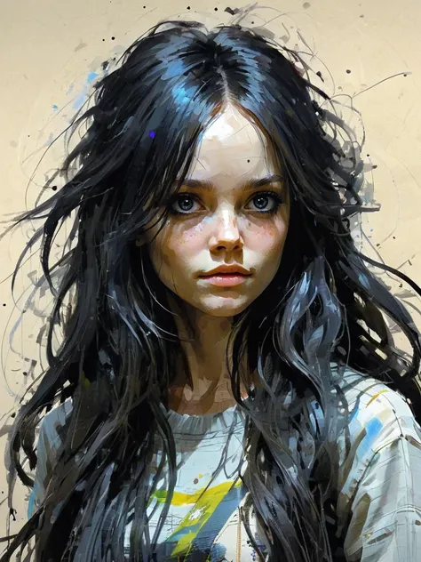 by Adrian Ghenie,  detailed, more details, on parchment, pixel illustration, black, blacklight makeup, sketch of cute happy 18yo (Laura Vandervoort:0.7),extremely detailed, long black windy hair,