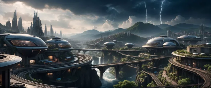 cinematic ground view of eschatological landscape of a futuristic sci fi city, harmonious, (bridges:0.4), (waterfalls:1.1), sci fi, (ultra realistic:1.2), (cables, antennas, parabolic receptors on rooftops, conditionning air systems:1.3), sinuous river, si...