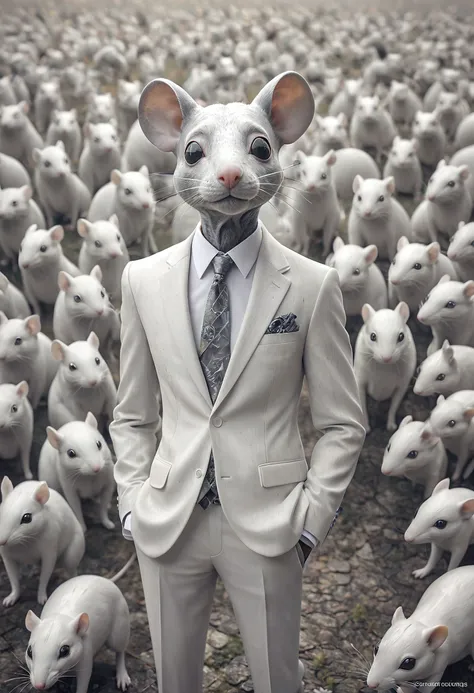 anthropomorphic Mouse wearing white suit and gray tie,, in (surreal:1.25) animal mix style, (panorama composition), background lots of mice, (bokeh:1.2), monochromatic minimalism, charly amani, elegant clothing, furaffinity, softness, mixed colors, lisa pa...