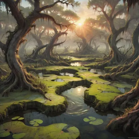 wetlands, marsh, twisted magical swamp, moss, pond, bayou, sunset, fantasy