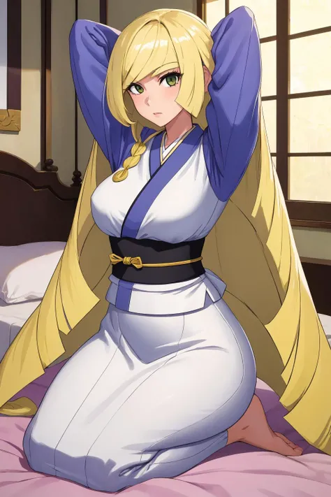 masterpiece, best quality, 1girl, solo, <lora:lusamine-pokemon-richy-v1:1> lusaminernd, very long hair, arms behind head, sitting, seiza, bed, bedroom, japanese clothes,