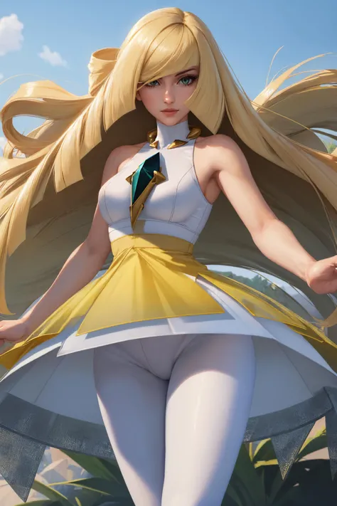 (masterpiece, best quality:1.2), solo, 1girl, lusaminedef, mature female, very long hair, gem, sleeveless dress, short dress, white leggings <lora:lusamine-pokemon-richy-v1:1>