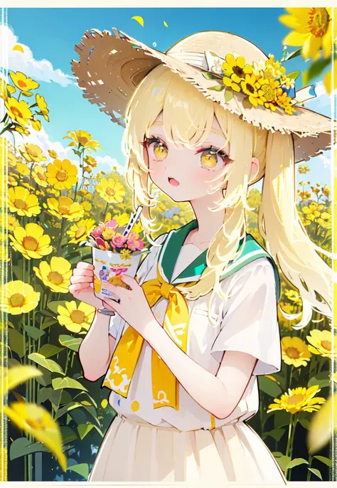 flower in mouth,,yellow eyes,laughing,blonde hair,low braided twintail,white skirt yellow hemline,yellow bow on the chest,wearin...