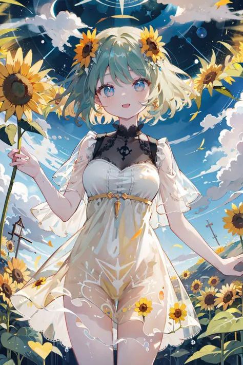 ((best quality, masterpiece, absurdres)), 1girl, Big Smile, upper body, Mystical Cavern, Glowing Runes, ((sunflower field)), Lacey Sundress, See-through dress