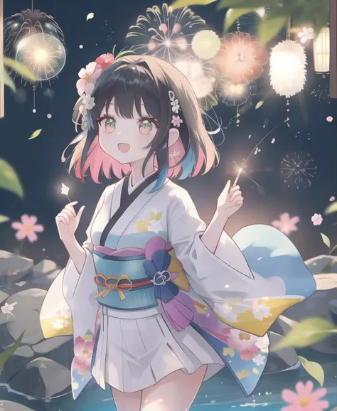 a woman in a kimono outfit standing in a pond with flowers