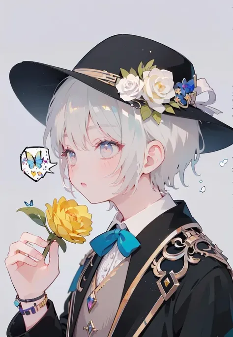 anime boy with a hat and a flower in his hand