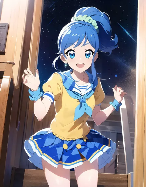 anime girl in a yellow shirt and blue skirt holding a knife