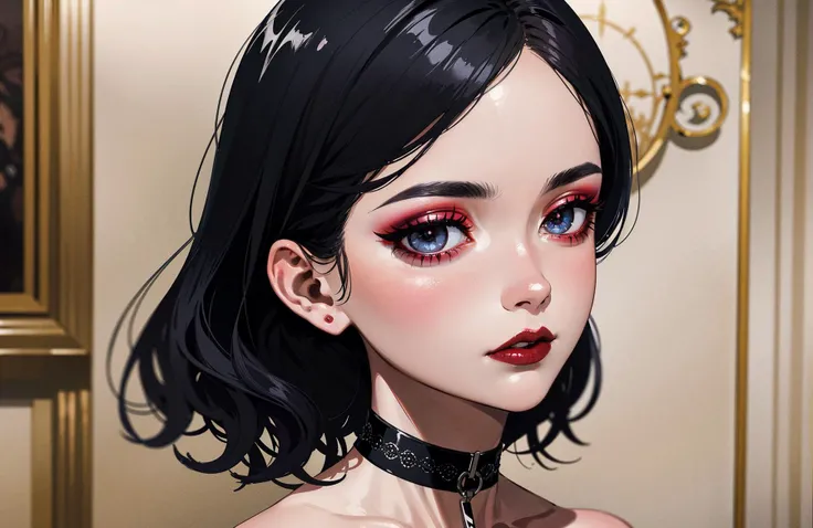 (masterpiece, best quality, beautiful and aesthetic:1.3), 1girl, solo, <lora:r0m4nt1cg0th:0.4>, closeup portrait, r0m4nt1cg0th, red makeup, close-up, portrait, gothic makeup, dark red lipstick, (black hair, silver eyes, choker, gothic dress), beautiful fac...