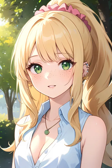 anime girl with blonde hair and green eyes in a park