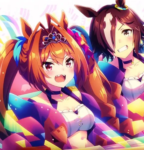 two anime girls in costumes with horns and bows on their heads