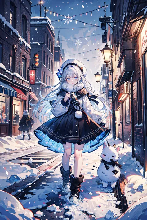 anime girl in winter clothes walking down a snowy street